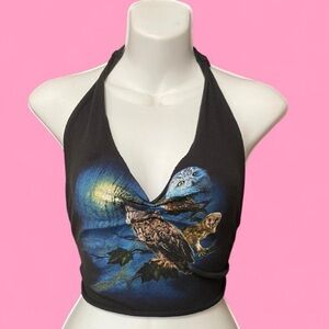Black Halter Top with Owl Graphic